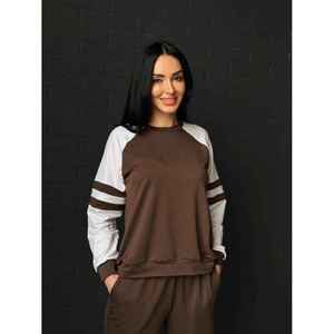 <b>Womens</b> Dark Brown And <b>White</b> Colorblock <b>Tracksuit</b> Crewneck Sweatshirt With Striped Trackstar OEM Private Label - Product Image 2
