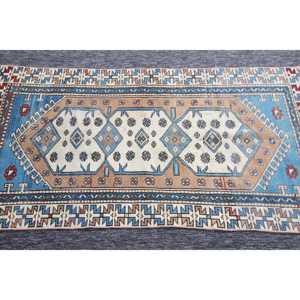 Alfombra Turca de 2.8x5.1 pies, Alfombra Herki Vintage, Alfombra Geométrica Azul de Lana - Product Image 4