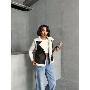 Chaleco de Gamuza Color Caqui Oscuro para Mujer TOPSHOW con Cuello con Ribete de Piel Sintética - Prenda Exterior Elegante al por Mayor para el Invierno - Product Image 3