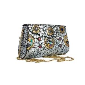 Multi Color Mosaic Metal Bag Clutch Bags mosaic clutch mother of pearl metal clutch mosaic bag from India by