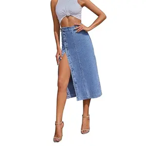 Hot Sale Women Button Up Long Length Summer Washed 100% Cotton Sequin Fabric Jean Denim Skirt