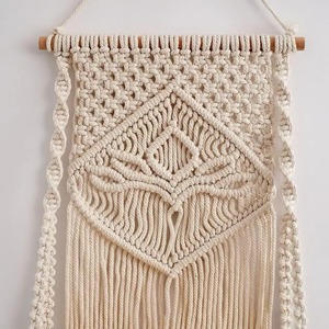 Modern White Macrame Wall <b>Hanging</b> With Wooden <b>Shelf</b> Suitable For Home Decoration Planter Holder And <b>Storage</b> From India - Product Image 3
