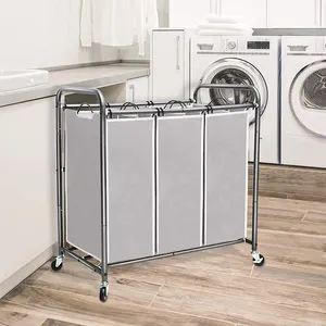 JH-Mech 3 Section Laundry Sorter With Lockable Wheels And Removable Bags Heavy Duty Rolling Laundry Cart