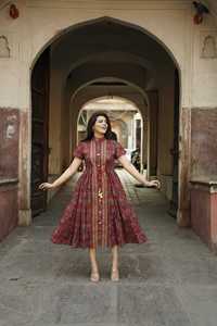 Maxi vestido de algodón indio étnico Floral estilo bohemio bloque de mano estampado manga larga de campana vestido informal para mujer - Product Image 2