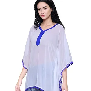 InTrend Forever Poly Georgette White Kaftan Top with Pom Pom Lace Boho Beachwear Coverup Sarong Kimono Free Size for Women