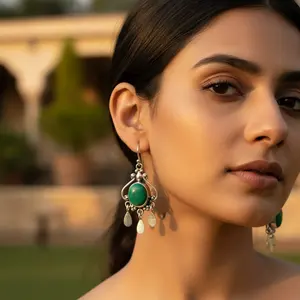 925 <b>Silver</b> <b>Dangle</b> <b>Earrings</b> with Green Stone Classic Religious Style Gift Jewelry for Women - Product Image 2