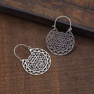 Sri Yantra Geometric <b>Solid</b> <b>Silver</b> Hoop Earring 925 Sterling <b>Silver</b> Bohemian Indian Wholesale Jewelry For Women - Product Image 5