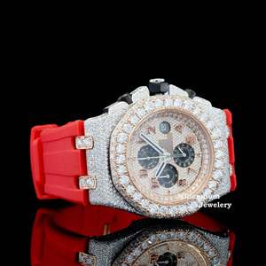 นาฬิกาโครโนกราฟเพชรโมอิสซาไนต์แบบ Iced Out สำหรับผู้ชาย ตัวเรือนสแตนเลส สายซิลิโคนสีแดง หน้าปัดทรงกลม นาฬิกาแฟชั่นอัจฉริยะสำหรับทุกวัน - Product Image 3