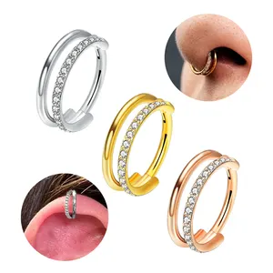 16G Titanium CZ Row Conch Nose Ring Cartilage Hoop Daith Tragus Helix Lobe Earring Hinged Segment Clicker Piercing Jewelry