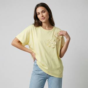 Camiseta de Manga Corta con Diseño de Flores Bordadas y Lentejuelas, 100% Algodón - Product Image 1