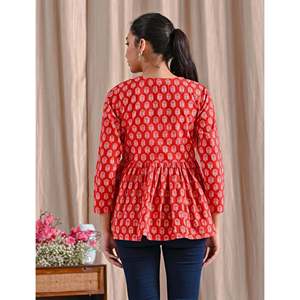 Red Jaipuri Block Printed Cotton Peplum <b>Top</b> Breathable Feature - Product Image 4