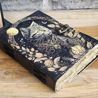 Vintage Leder-Katzen-Tagebuch Fadengebundenes Notizbuch zum Schreiben und Skizzieren Einzigartiges Hexerei-Geschenk für Liebhaber Zauberkunst Al Amir