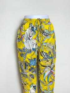Women Cotton Printed Pajama Pants <b>Yellow</b> Tropical Design Ladies Cotton Lounge Pants with Bird Print <b>Yellow</b> Women Casual - Product Image 2