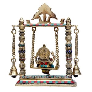 Statue de Ganesha en laiton de style traditionnel faite à la main, avec clochettes suspendues Jhula pour la décoration de la maison, pour le salon, les festivités de Diwali - Product Image 2