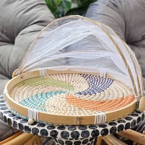 Accessoires de cuisine de luxe, couvercle alimentaire rond en jonc de mer, plateau alimentaire en paille de raphia avec couvercles en filet - Product Image 5