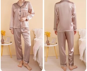 Venta al por mayor de pijamas de seda personalizados con mangas largas y pantalones largos de alta calidad causal transpirable logotipo personalizado ropa de dormir para mujer - Product Image 5