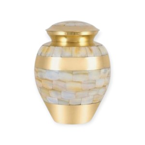 Urna Conmemorativa de Latón con Mosaico de Marfil y Bandas Doradas Suaves para una Elegante Conmemoración y Conservación de Cenizas - Product Image 1