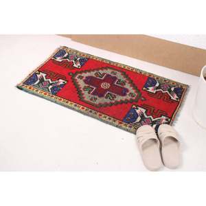 1.7x3 ft Turkish Rug, <b>Red</b> Animal Print Vintage <b>Wool</b> Rug - Product Image 1