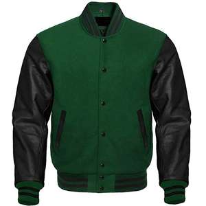 Varsity Jacket with Genuine Leather Sleeves Zipper Closure Knitted Woolen Fabric - Product Image 5