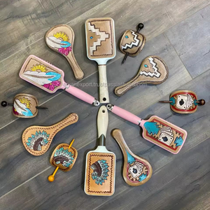 New American Western Style Real Genuine Leather Women Easy Carrying Hairbrush Hand Mirror & Hair <b>Slide</b> Stick Travel Vanity Sets - Product Image 5