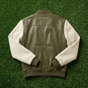 Blouson bomber vert olive pour homme en similicuir avec manches en polaire, boutons-pression, tricot côtelé, personnalisable OEM ODM - Product Image 5