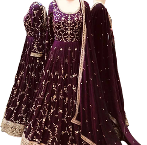Readymade indien longue robe & Dupatta ensemble, georgette avec broderie travail pleine couture tenue de fête pour femmes et filles - Product Image 1