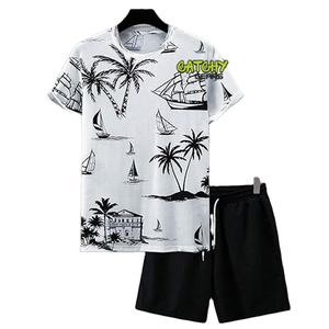 Fashion <b>Men</b>’s Printed Knitted <b>T</b>-<b>Shirt</b> Set Casual Sports Two Piece Outfit for Daily Wear - Product Image 1
