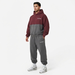 <b>men</b> <b>hoodie</b> jogger set <b>burgundy</b> gray tracksuit color block tracksuit cotton fleece tracksuit oversized <b>hoodie</b> set jogger pants - Product Image 2