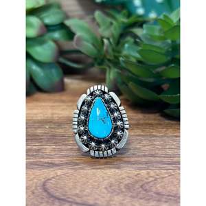 Navajo Kingman <b>Turquoise</b> & Platinum Sterling <b>Ring</b> Size 6.25 Fine Jewelry Bezel Setting Rhodium Plated Everyday Wear - Product Image 1