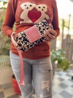 Pochette en cuir de vachette à points apparents, motif animal, multi-usages, élégante, avec dragonne, pour femme