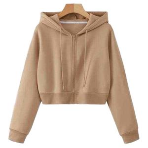 Sudadera con capucha corta personalizada para mujer, talla grande, 100% algodón, manga larga, forrada, estilo lavado, ropa de calle de otoño, venta al por mayor - Product Image 1