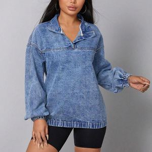 Nouvelle veste en jean vintage personnalisée à la mode veste à épaules tombantes à demi fermeture éclair coupe régulière avec poches vestes en jean de rue pour femmes - Product Image 5