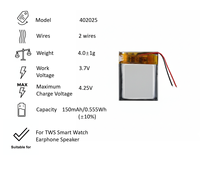 Baterai litium polimer 402025 402025-2, baterai pengganti 2 kabel 150mAh 3.7V, baterai Speaker isi ulang kapasitas tinggi