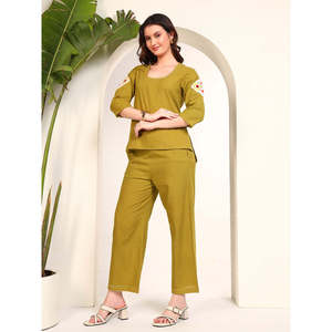 DEEBACO Women's Green Solid Embroidered Patch Work Co-Ord <b>Set</b> Casual V-Neck <b>Square</b> Neck Top With Ankle Length Trouser Summer - Product Image 4