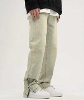 Jean en denim patchwork Stitchmode jaune délavé, taille mi-haute, doublé polaire, coupe bootcut vintage, ample et décontracté, fermeture éclair à la cheville, séchage rapide
