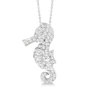 Collier pendentif hippocampe en or blanc 14 carats avec diamants pavés, charmes en diamants de 0,64 carat - Product Image 2
