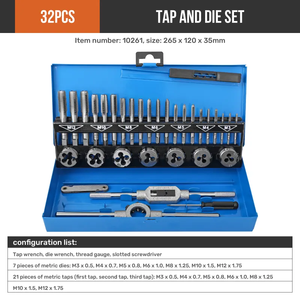Jeu de tarauds et filières métriques en acier de haute qualité, 32 pièces, M3-M12, jeu de tarauds combinés, outils de taraudage et de poignées - Product Image 2