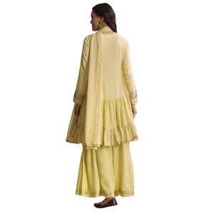 Traje Palazzo estampado de seda amarillo claro con trabajo resham, venta al por mayor, Ropa Étnica para mujer, fábrica de ropa OEM, proveedor a granel personalizado - Product Image 5