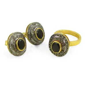 Conjunto de Anillo y Aretes Chapados en Oro para Mujer con Piedras Preciosas Negras para Boda, con Perla, Diamante, Cobre y Estrás - Product Image 2