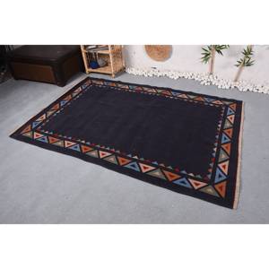 Tapis Ethnique Vintage Turc 4.7X7 Pieds Noir Patchwork Design Grande Surface Laine Latex Pile Moyenne Salle à Manger Eco-Friendly - Product Image 2