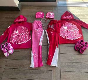 Custom 3D Puff Printed Cotton French Terry <b>Track</b> Suit with Raw Hem Hood Logo Sportswear Sweatpants for Running - Product Image 3