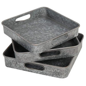 Ensemble de plateaux galvanisés plateau en métal avec poignée en bois Plateau de service en métal en acier galvanisé de forme rectangulaire pour la maison Décoratif - Product Image 1