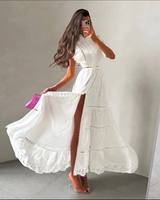Robe midi blanche unie en dentelle tissée à œillets, élégante, sans manches, fendue, taille naturelle, moulante, en coton, pour femme, vente en gros
