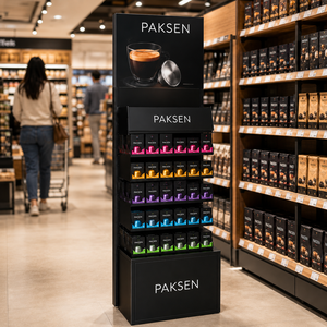 Rak <span class=keywords><strong>Display</strong></span> Lantai Kardus dengan Header Visual Cangkir Kopi untuk Merchandise Kapsul Kopi Berbagai Rasa - Product Image 1