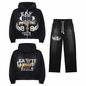 Conjunto de chaqueta y pantalones de chándal con cremallera de lana de algodón 100% unisex, chándal de peso pesado para invierno, ropa de calle de diseño personalizado - Product Image 2