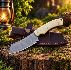 Couteau EDC à lame fixe Tanto en acier Damas de qualité industrielle, fait main, avec manche en os de chameau et étui en cuir pour le camping en plein air - Product Image 1