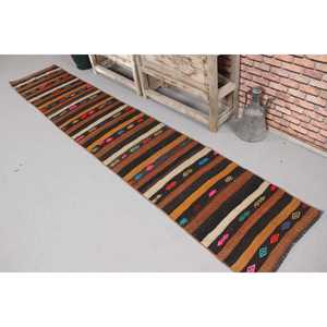 Vintage Turkish Rug, 1.8x10.2 ft Kilim Rug, <b>Brown</b> Red Floral <b>Wool</b> Rug - Product Image 1