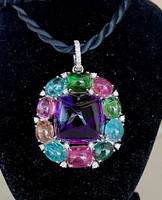 Magnifique pendentif en argent sterling avec améthyste et tourmaline multicolores serties clos, bijoux en pierres précieuses naturelles certifiées IGI
