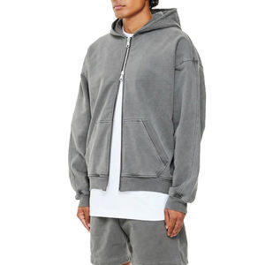 Sweat à capuche pour hommes 500G Heavyweight 100% Cotton Vintage Acid Wash Blank Two-way Zipper Distress Patch Zip up - Product Image 2