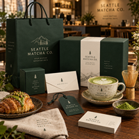 Ensemble d'emballages personnalisés AT PACK pour matcha avec boîte cadeau et sac en papier imprimés du logo pour les cafés de matcha, les salons de thé et les marques de boissons